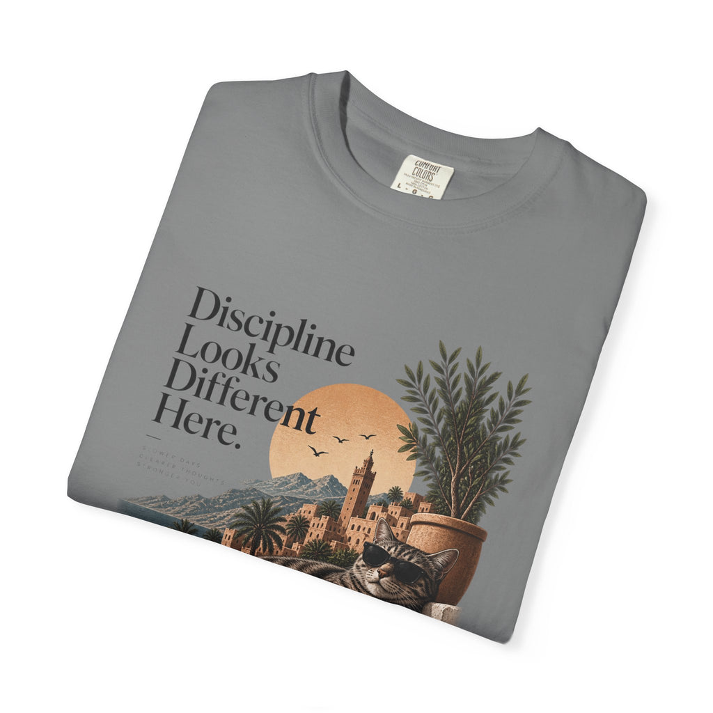 T-Shirt — "Discipline Looks Different Here" Sunset Cat Graphic