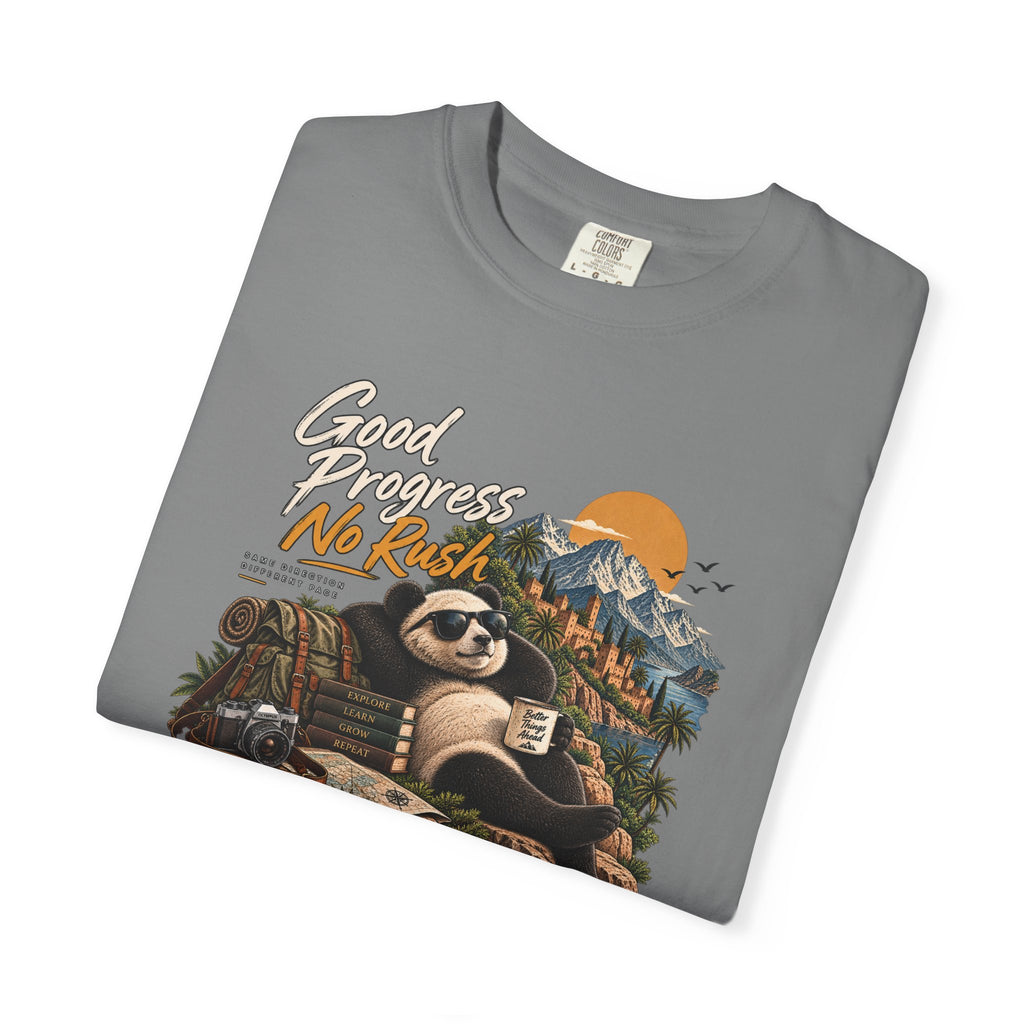Panda Mountain Chill T‑Shirt — "Good Progress No Rush" Graphic Tee
