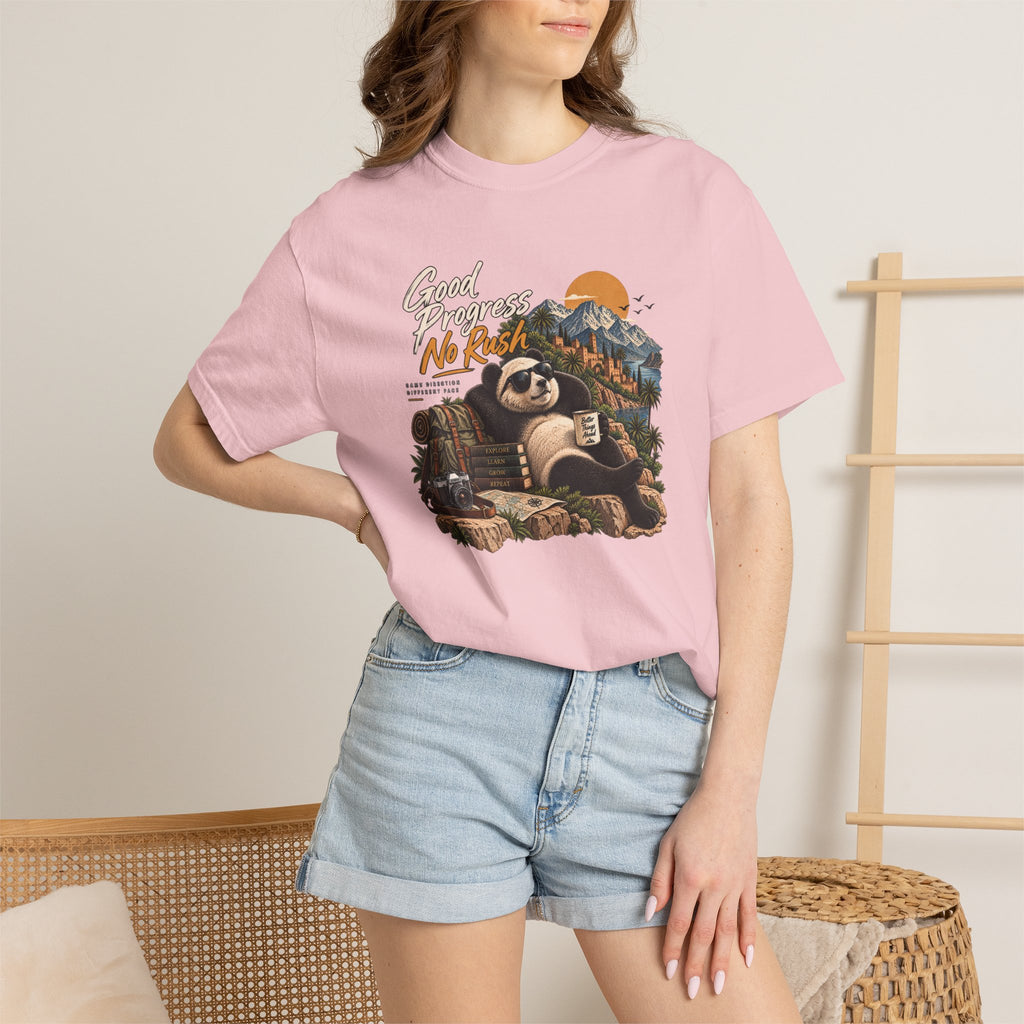 Panda Mountain Chill T‑Shirt — "Good Progress No Rush" Graphic Tee