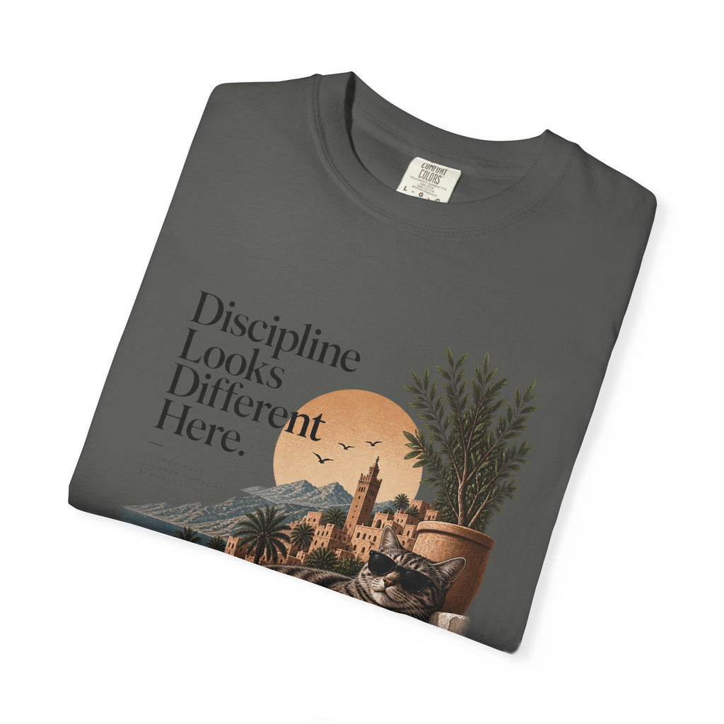 T-Shirt — "Discipline Looks Different Here" Sunset Cat Graphic