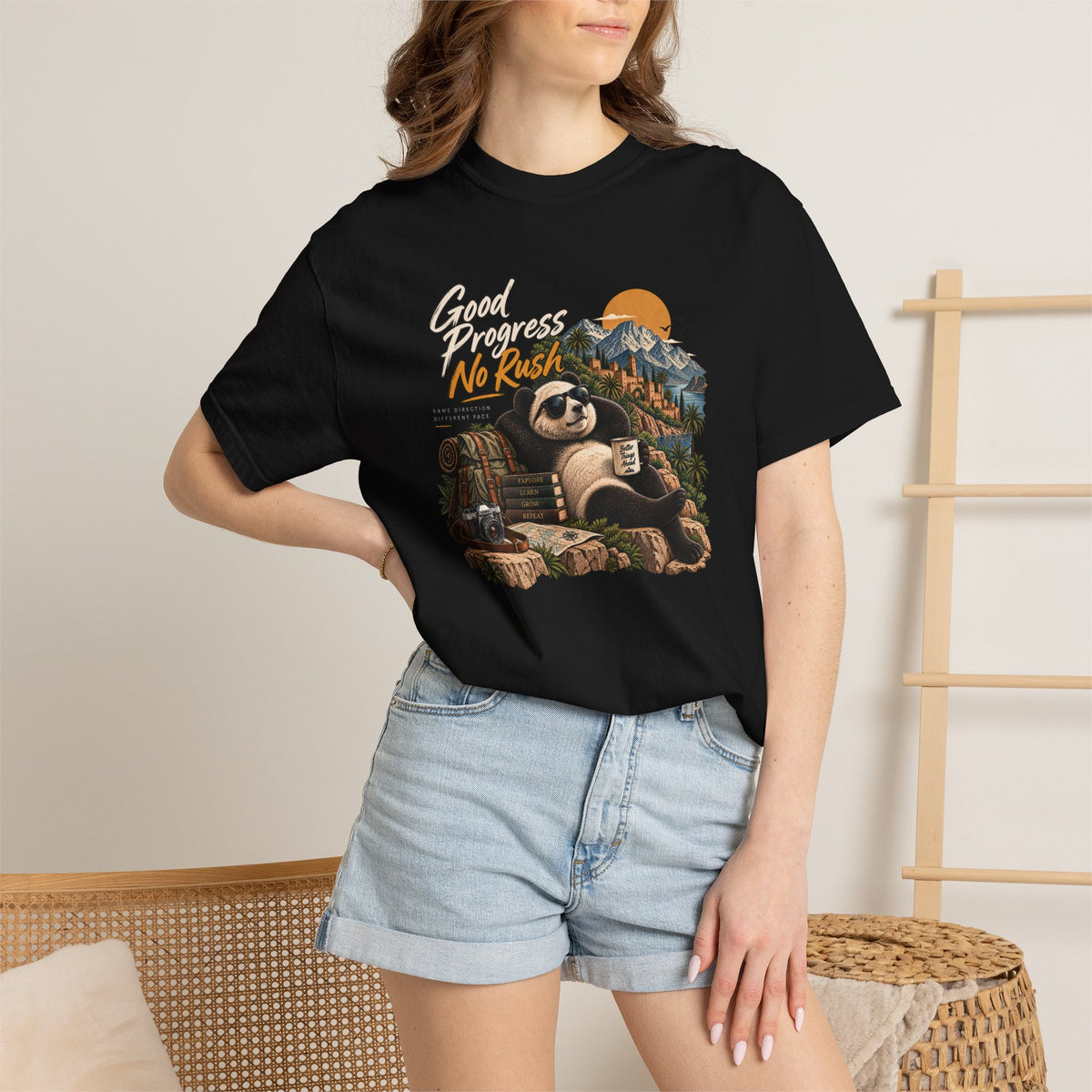 Panda Mountain Chill T‑Shirt — "Good Progress No Rush" Graphic Tee