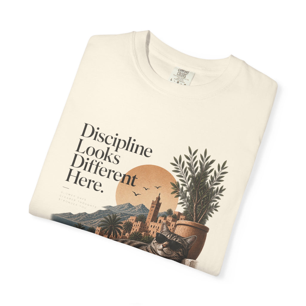 T-Shirt — "Discipline Looks Different Here" Sunset Cat Graphic