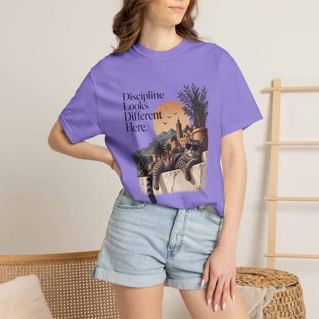 T-Shirt — "Discipline Looks Different Here" Sunset Cat Graphic