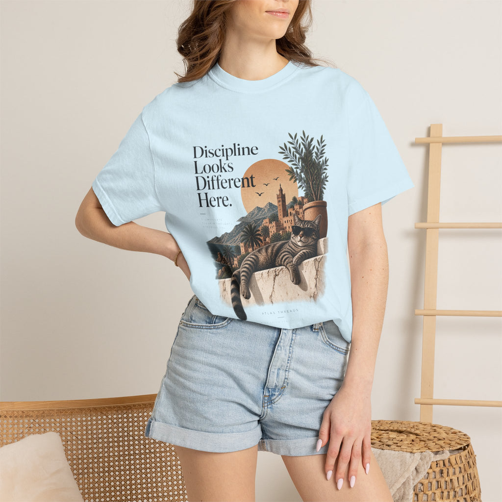 T-Shirt — "Discipline Looks Different Here" Sunset Cat Graphic
