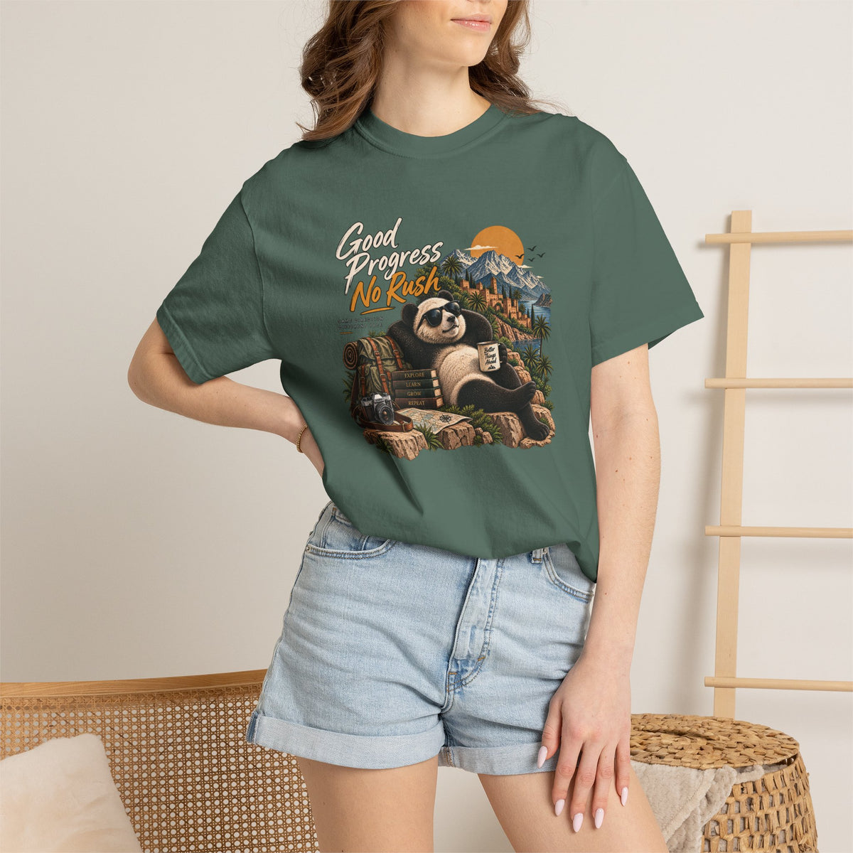 Panda Mountain Chill T‑Shirt — "Good Progress No Rush" Graphic Tee