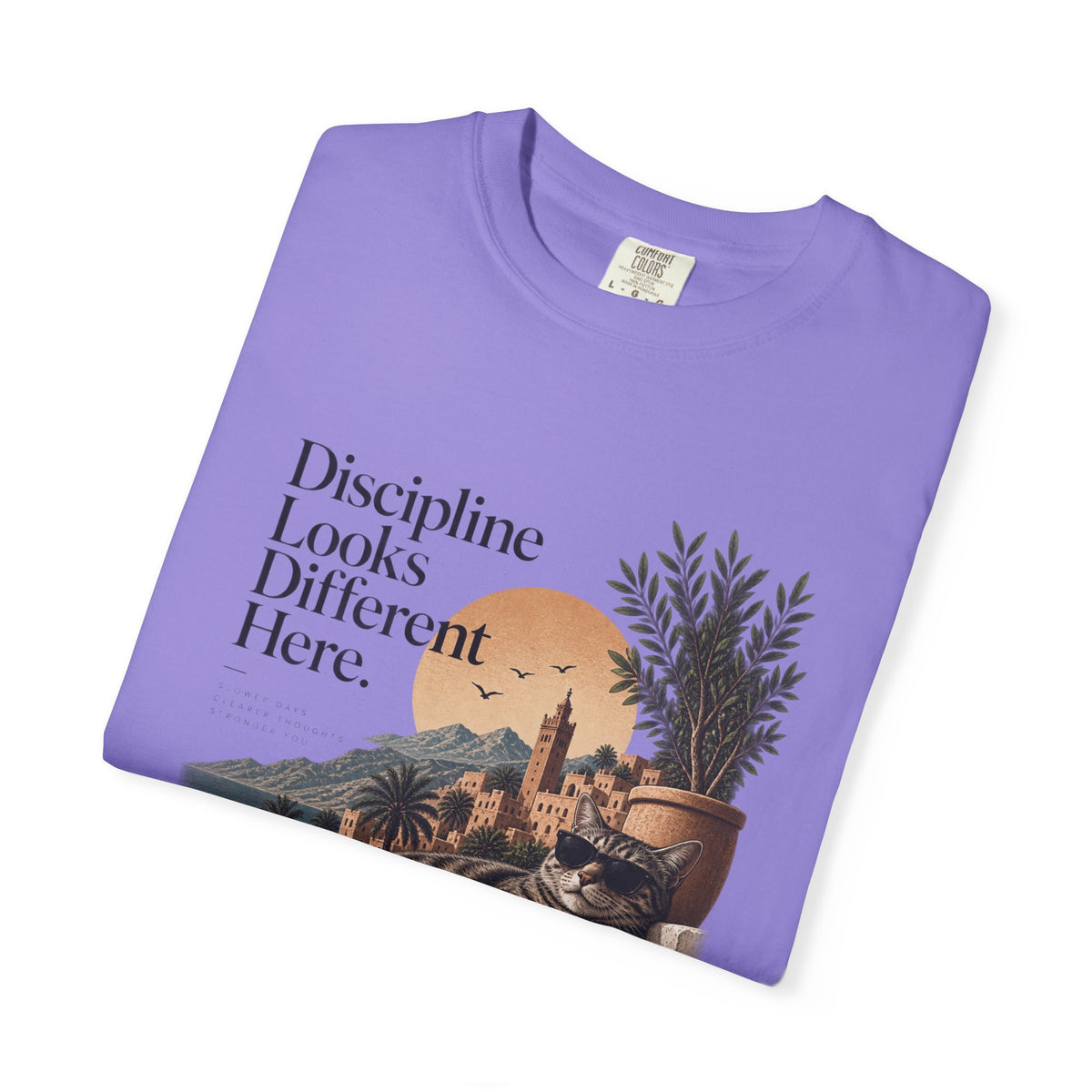 T-Shirt — "Discipline Looks Different Here" Sunset Cat Graphic