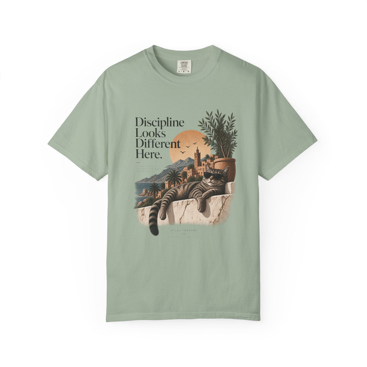 T-Shirt — "Discipline Looks Different Here" Sunset Cat Graphic