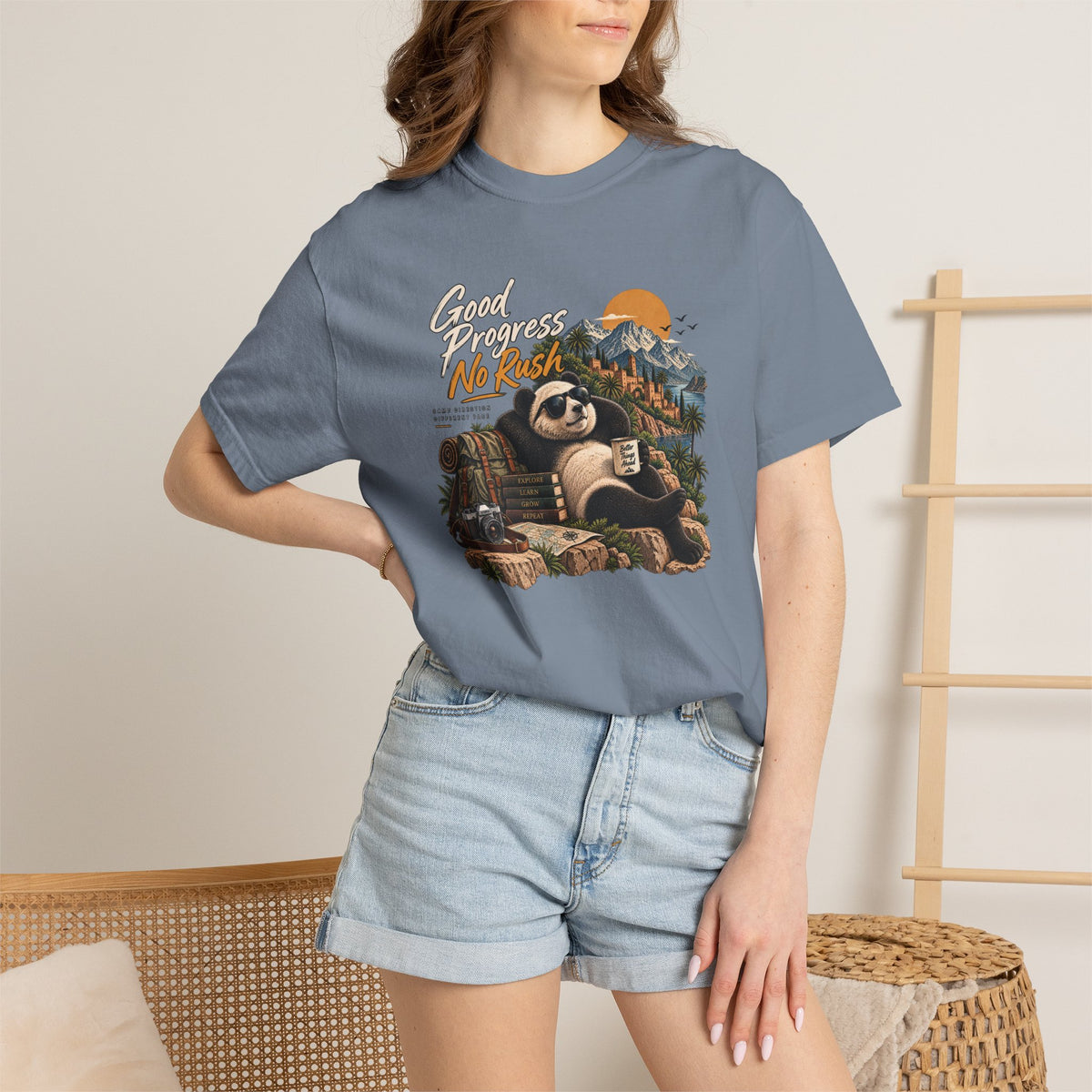 Panda Mountain Chill T‑Shirt — "Good Progress No Rush" Graphic Tee