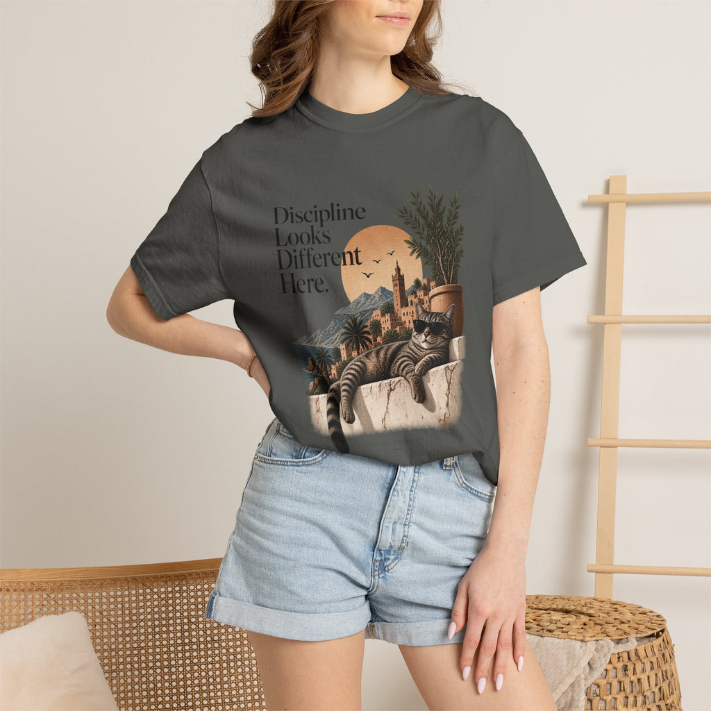 T-Shirt — "Discipline Looks Different Here" Sunset Cat Graphic