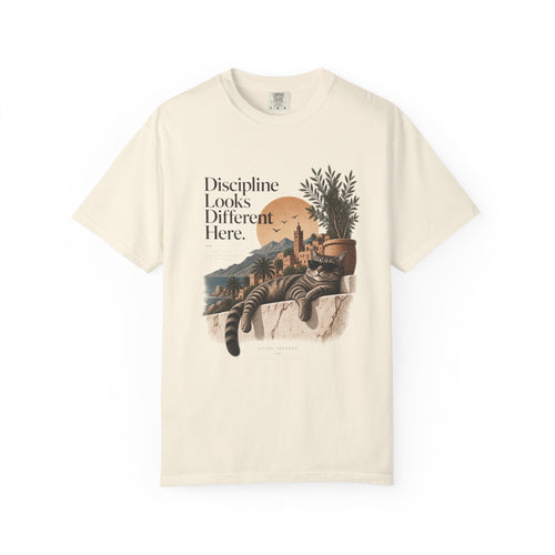 T-Shirt — "Discipline Looks Different Here" Sunset Cat Graphic