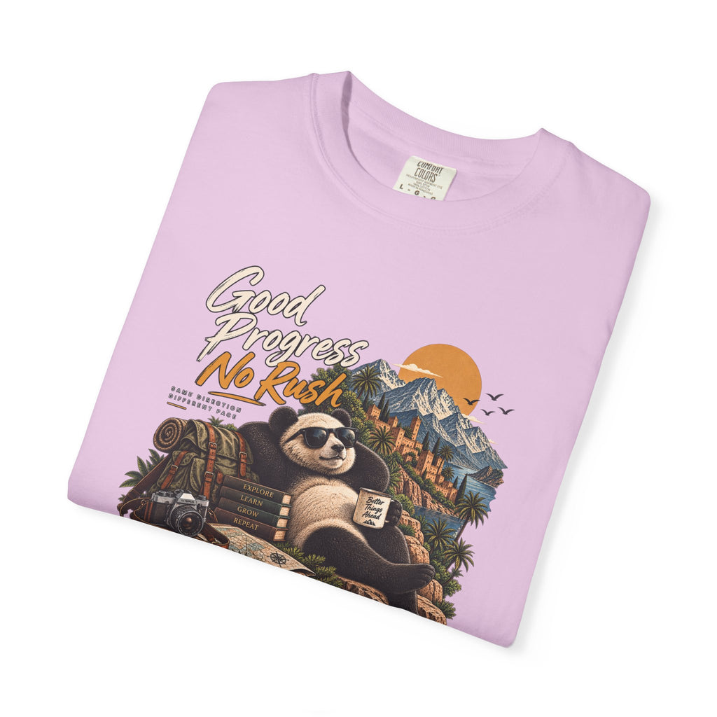 Panda Mountain Chill T‑Shirt — "Good Progress No Rush" Graphic Tee