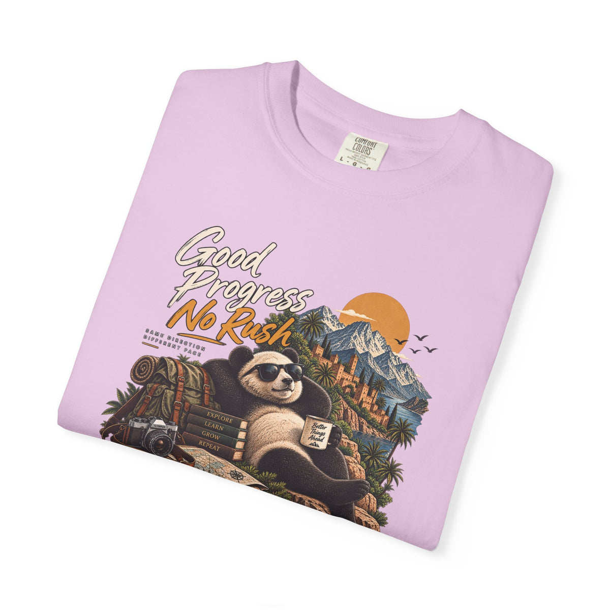 Panda Mountain Chill T‑Shirt — "Good Progress No Rush" Graphic Tee