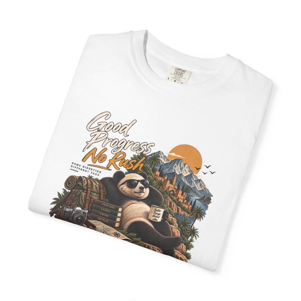 Panda Mountain Chill T‑Shirt — "Good Progress No Rush" Graphic Tee