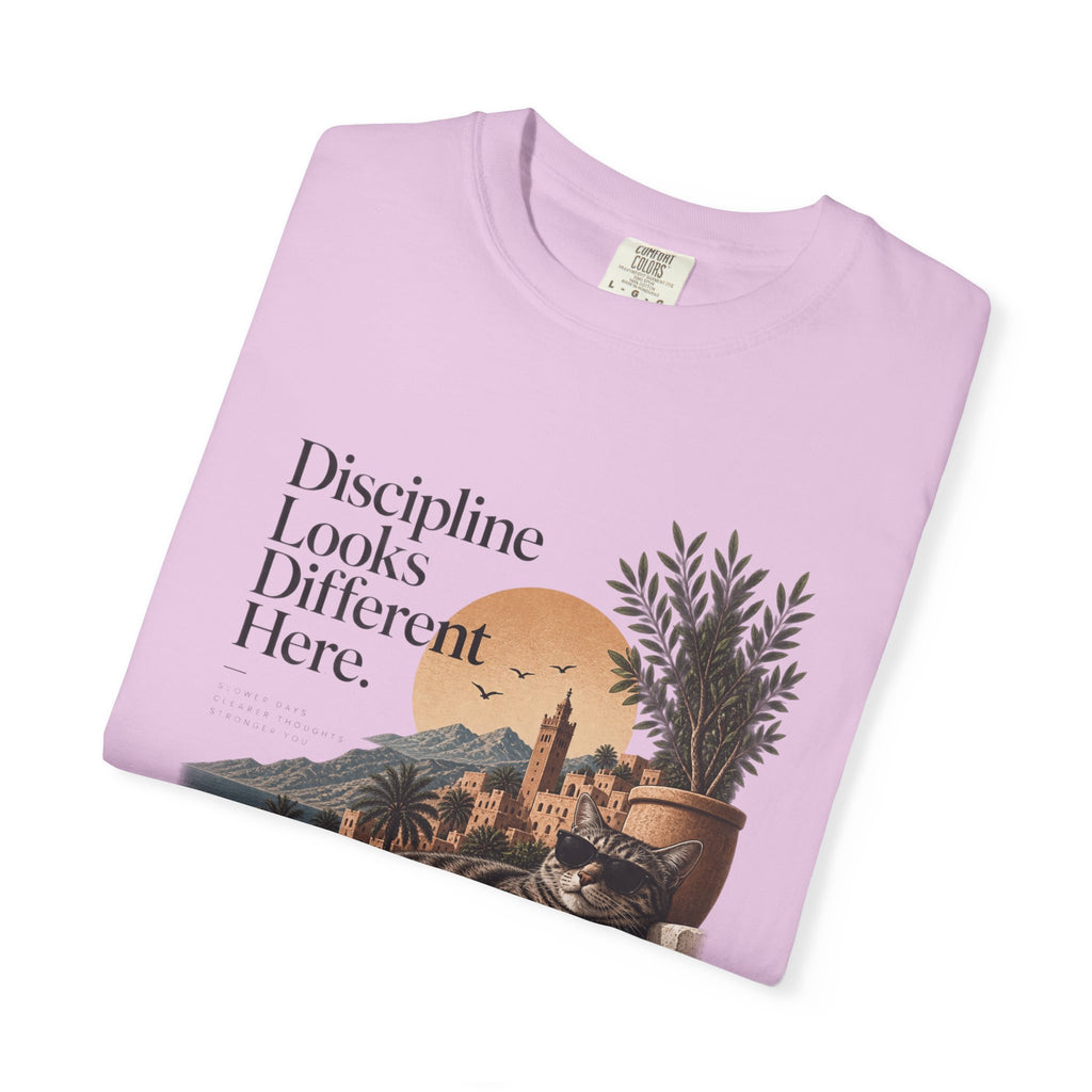 T-Shirt — "Discipline Looks Different Here" Sunset Cat Graphic
