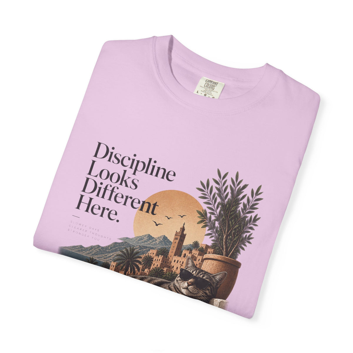 T-Shirt — "Discipline Looks Different Here" Sunset Cat Graphic