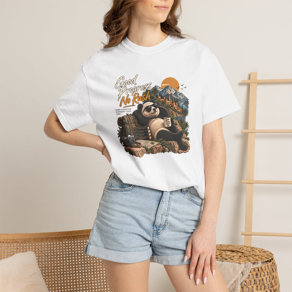 Panda Mountain Chill T‑Shirt — "Good Progress No Rush" Graphic Tee