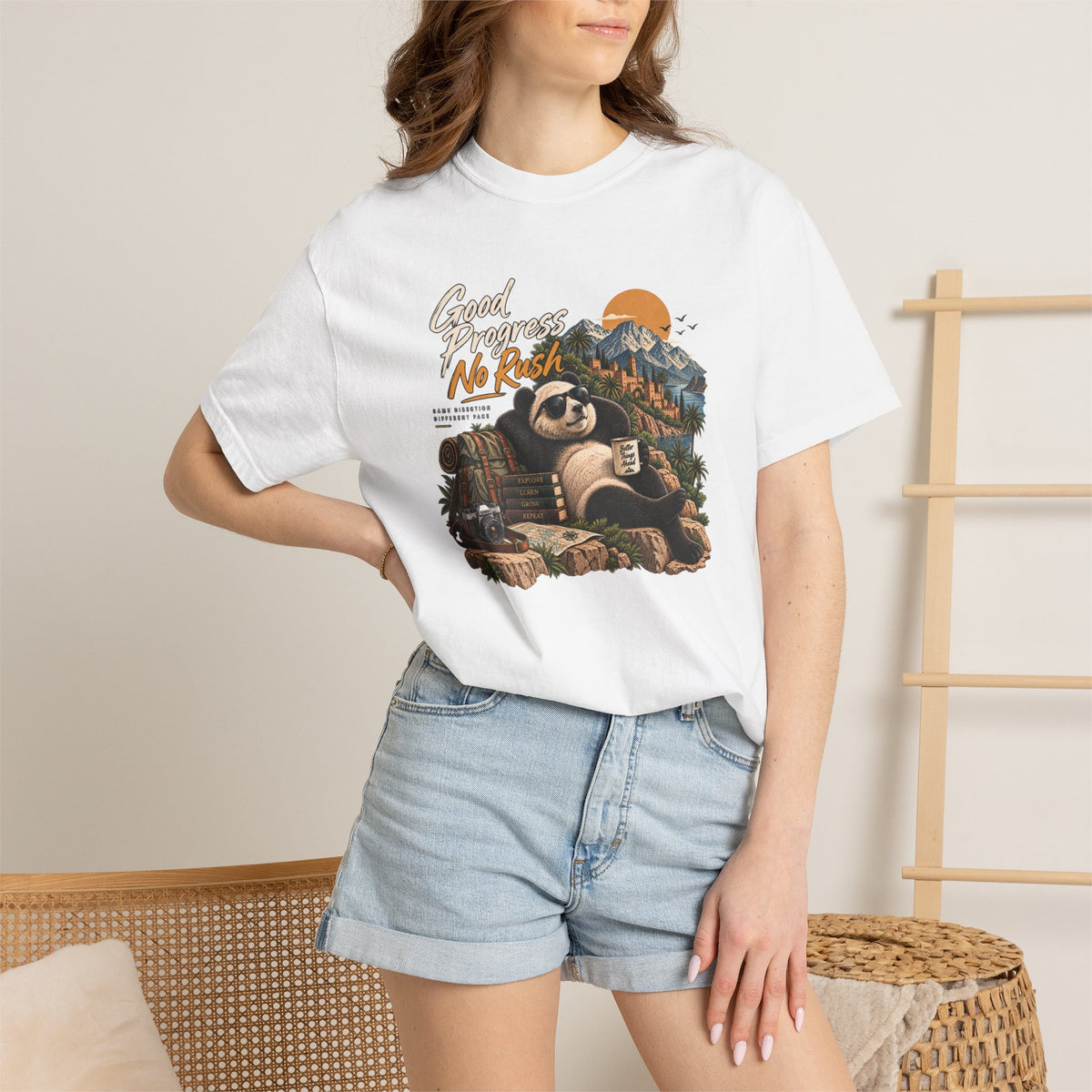 Panda Mountain Chill T‑Shirt — "Good Progress No Rush" Graphic Tee