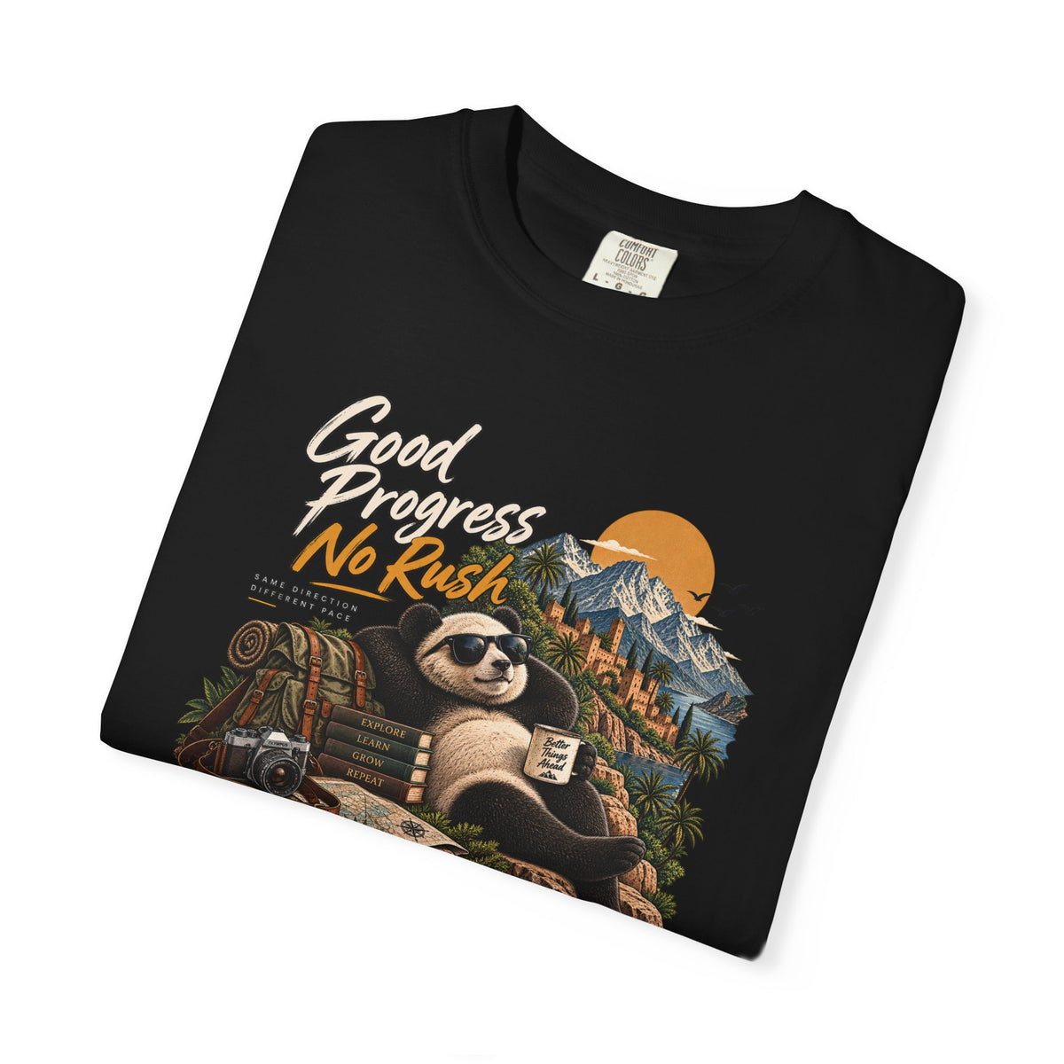 Panda Mountain Chill T‑Shirt — "Good Progress No Rush" Graphic Tee