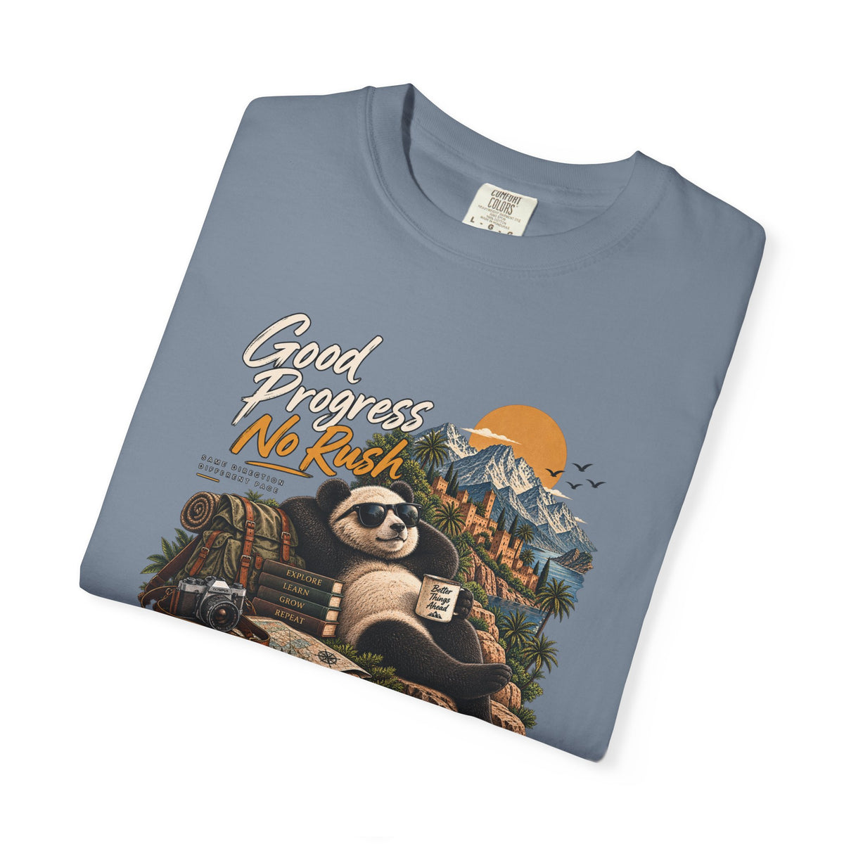 Panda Mountain Chill T‑Shirt — "Good Progress No Rush" Graphic Tee
