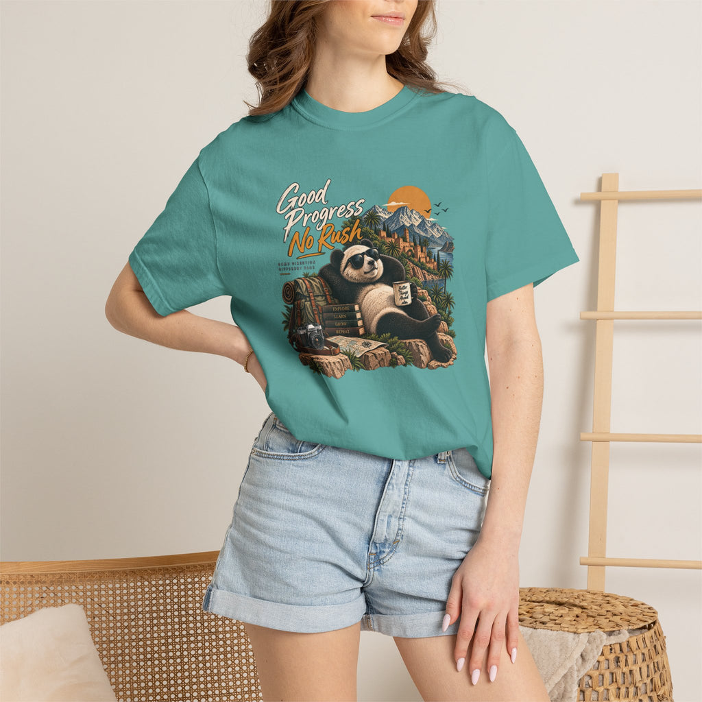 Panda Mountain Chill T‑Shirt — "Good Progress No Rush" Graphic Tee