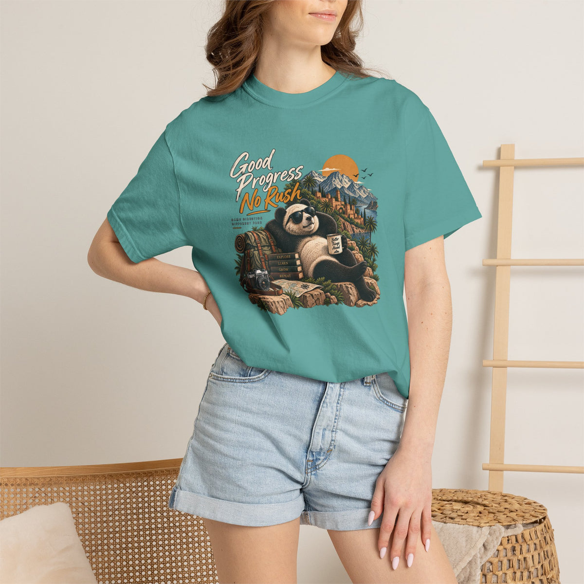 Panda Mountain Chill T‑Shirt — "Good Progress No Rush" Graphic Tee