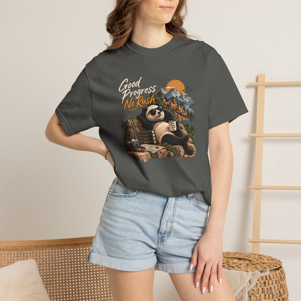 Panda Mountain Chill T‑Shirt — "Good Progress No Rush" Graphic Tee