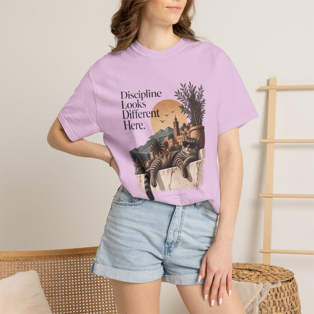 T-Shirt — "Discipline Looks Different Here" Sunset Cat Graphic