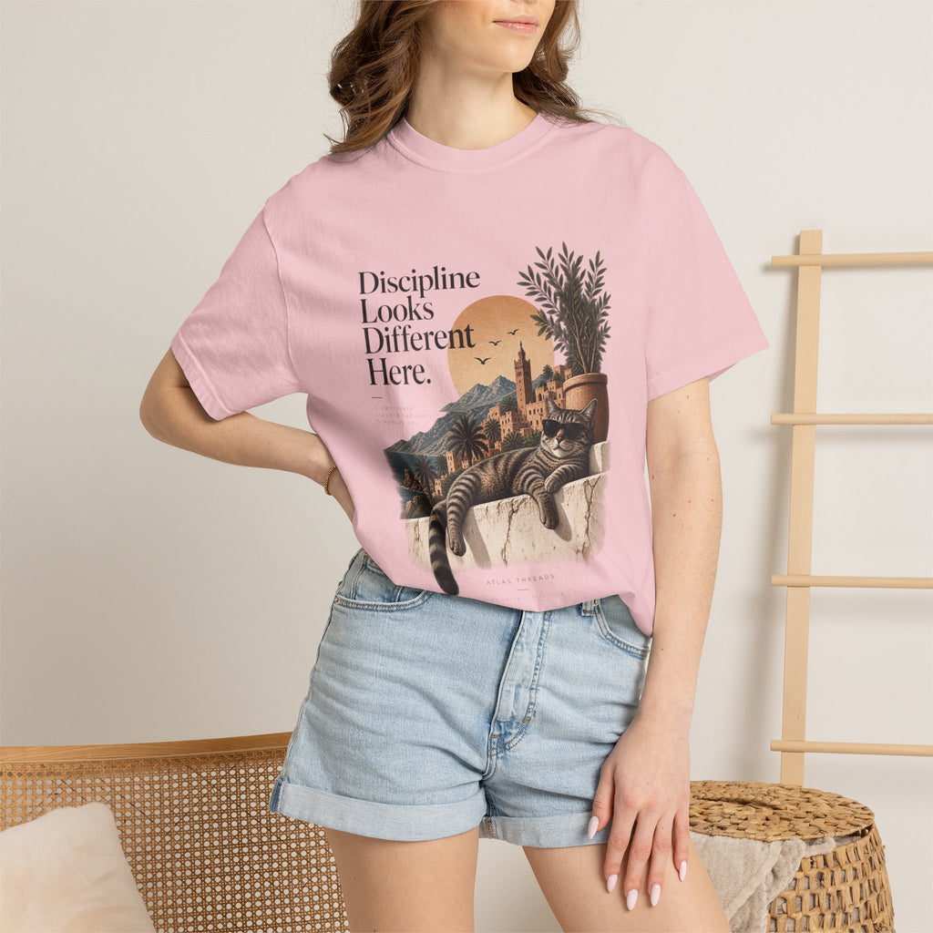 T-Shirt — "Discipline Looks Different Here" Sunset Cat Graphic