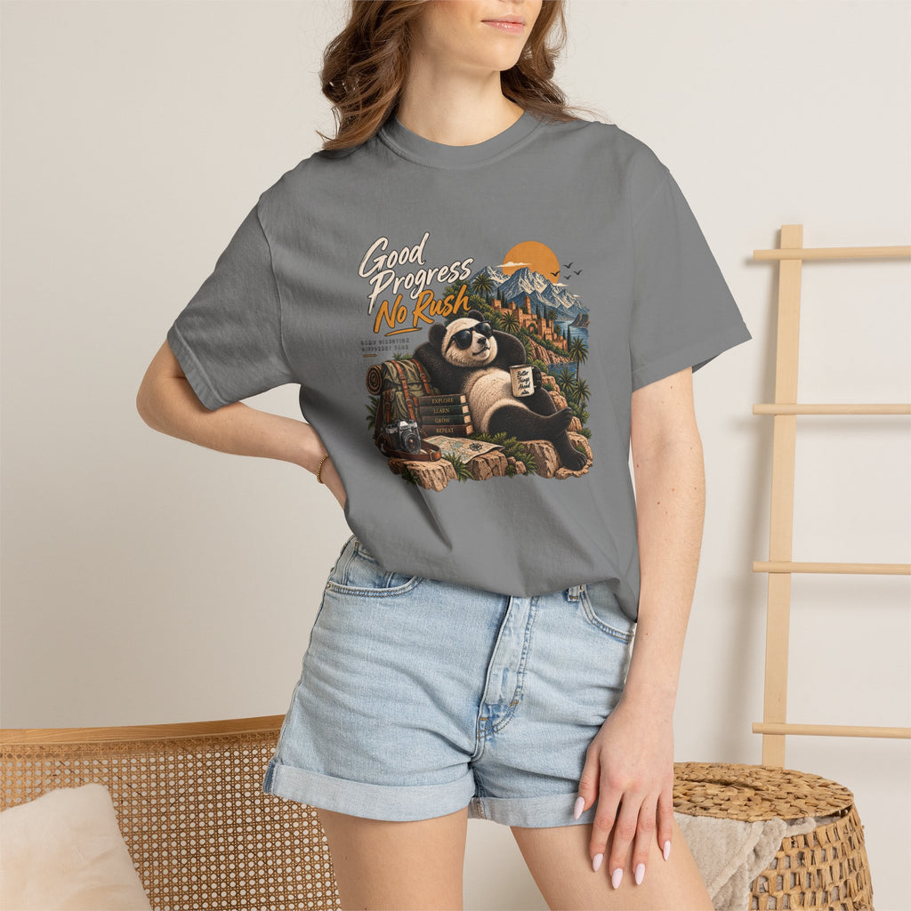 Panda Mountain Chill T‑Shirt — "Good Progress No Rush" Graphic Tee
