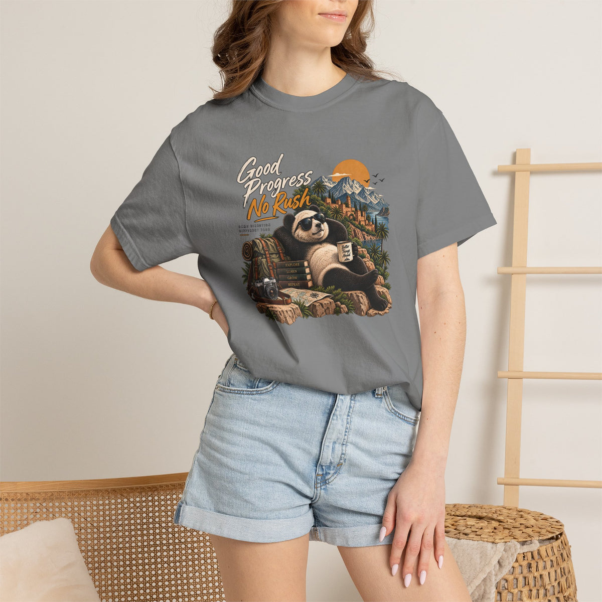 Panda Mountain Chill T‑Shirt — "Good Progress No Rush" Graphic Tee