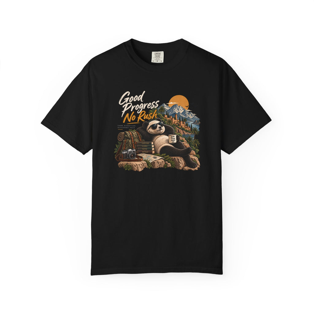 Panda Mountain Chill T‑Shirt — "Good Progress No Rush" Graphic Tee