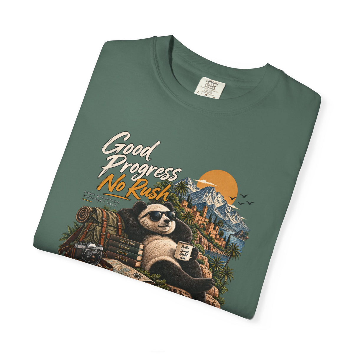 Panda Mountain Chill T‑Shirt — "Good Progress No Rush" Graphic Tee