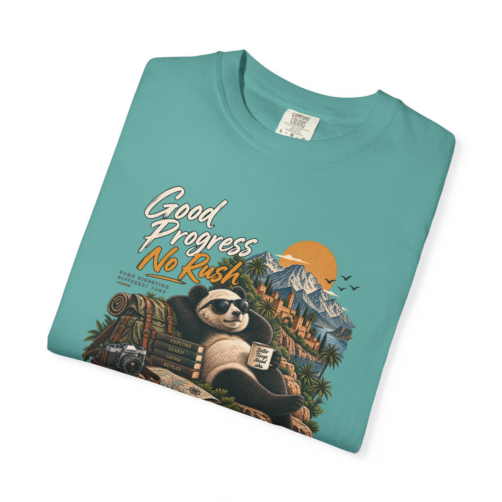 Panda Mountain Chill T‑Shirt — "Good Progress No Rush" Graphic Tee