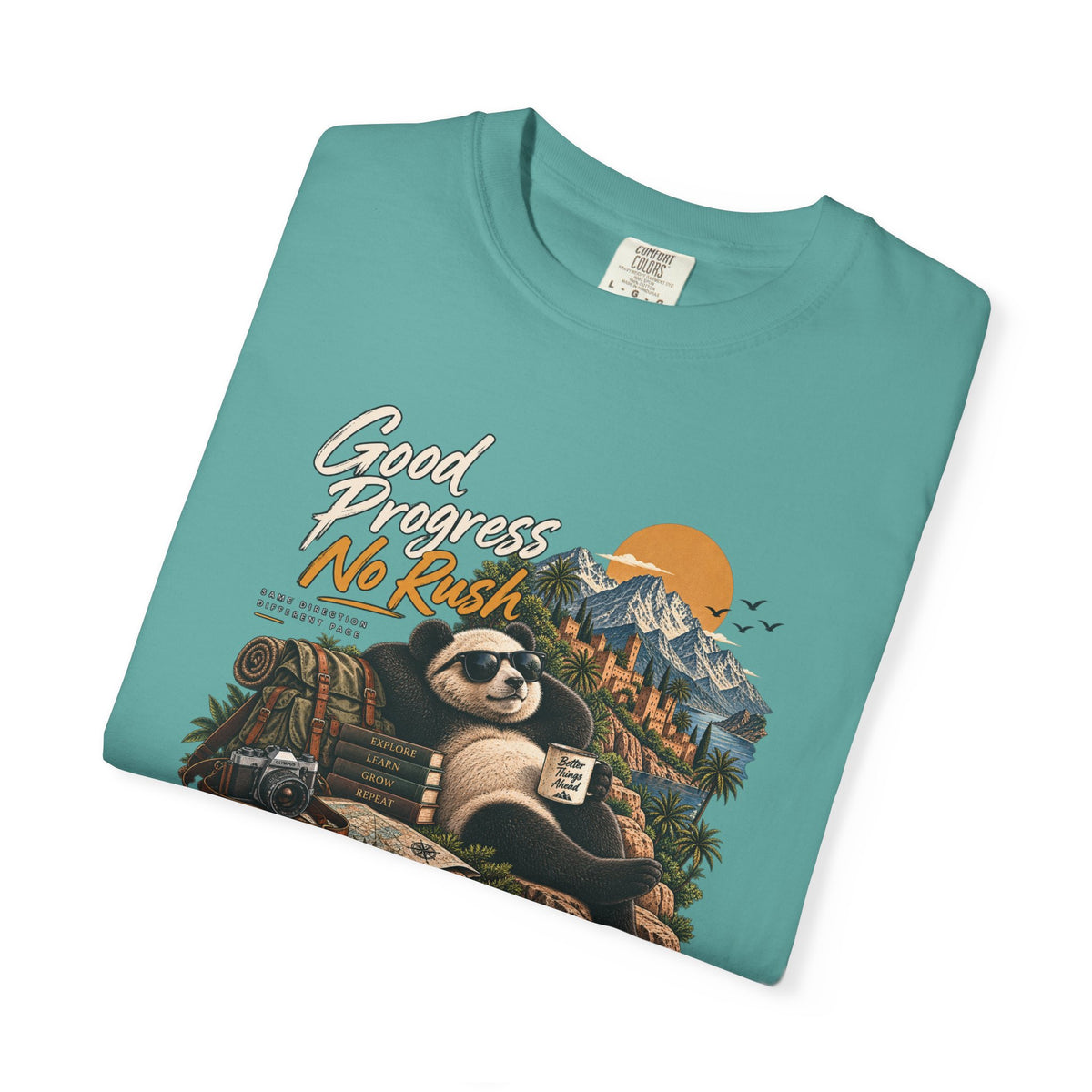 Panda Mountain Chill T‑Shirt — "Good Progress No Rush" Graphic Tee