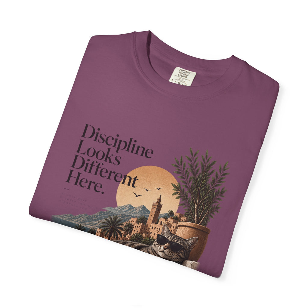 T-Shirt — "Discipline Looks Different Here" Sunset Cat Graphic