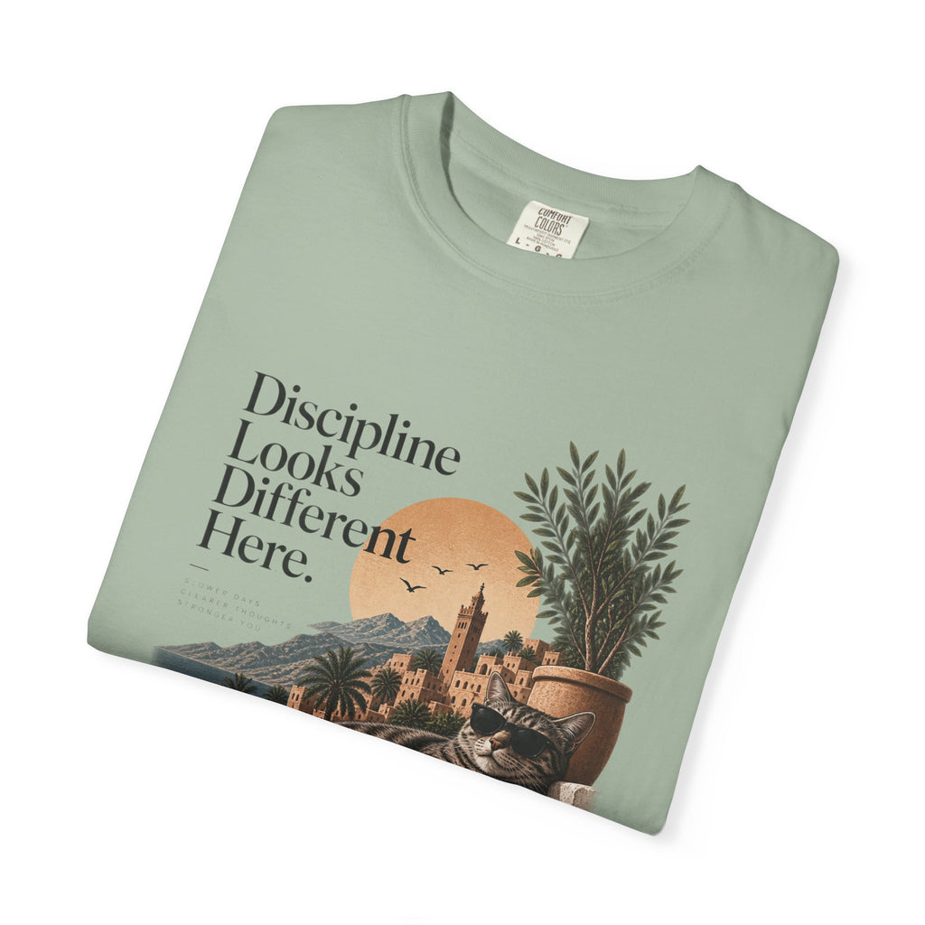 T-Shirt — "Discipline Looks Different Here" Sunset Cat Graphic