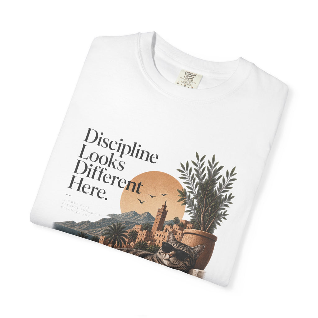 T-Shirt — "Discipline Looks Different Here" Sunset Cat Graphic
