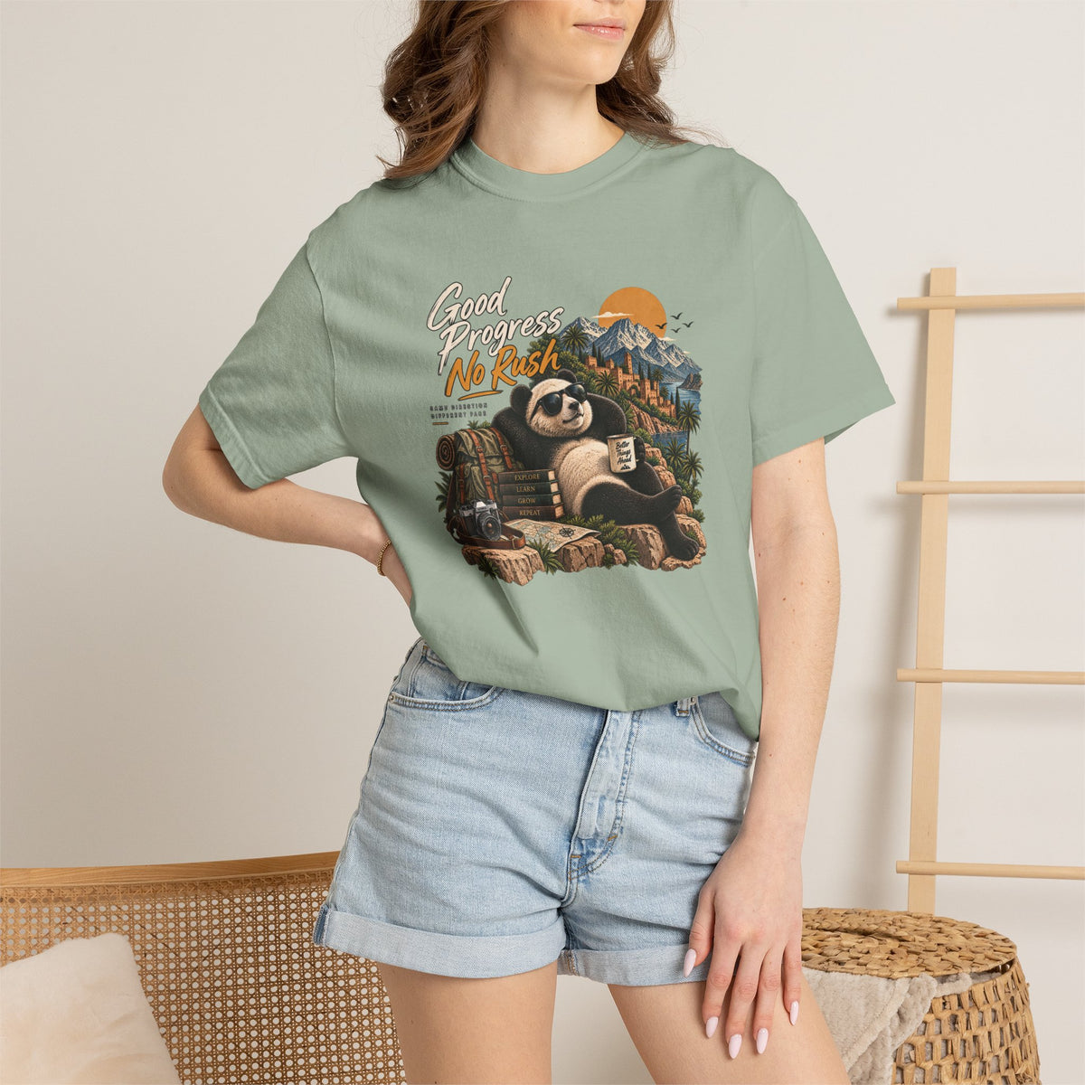 Panda Mountain Chill T‑Shirt — "Good Progress No Rush" Graphic Tee