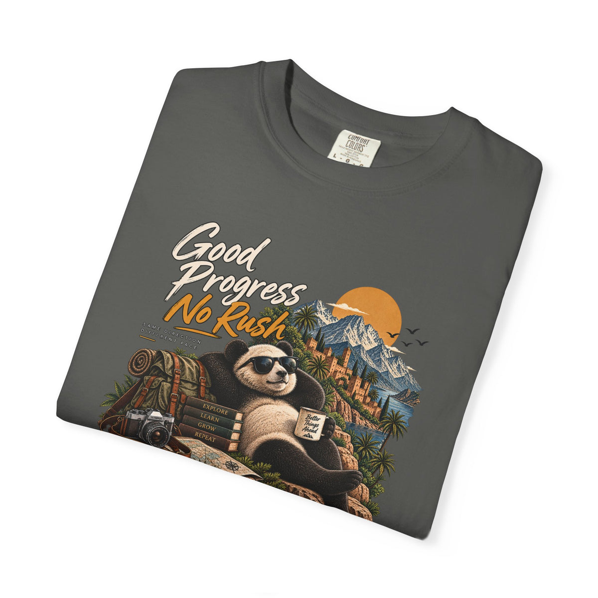 Panda Mountain Chill T‑Shirt — "Good Progress No Rush" Graphic Tee
