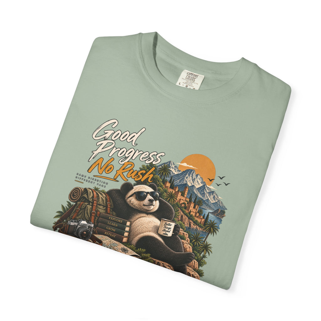 Panda Mountain Chill T‑Shirt — "Good Progress No Rush" Graphic Tee